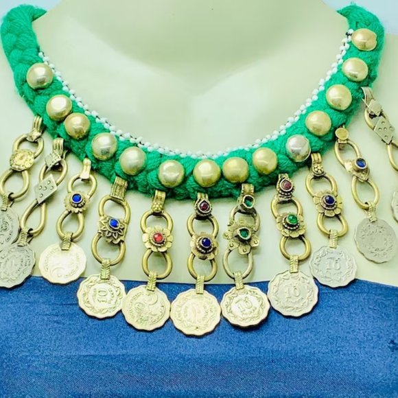 Green Choker Necklace, Vintage Coins Choker Necklace, Tribal Boho Necklace - Picture 1 of 6